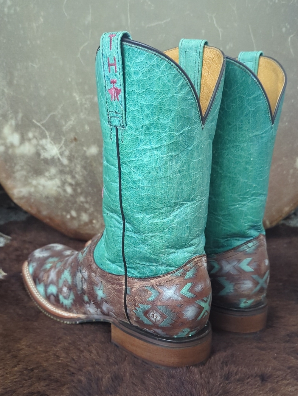 TIN HAUL "Painted Warrior" teal green/blue & brown Aztec square toe boots sz 9.5 - Picture 4 of 16